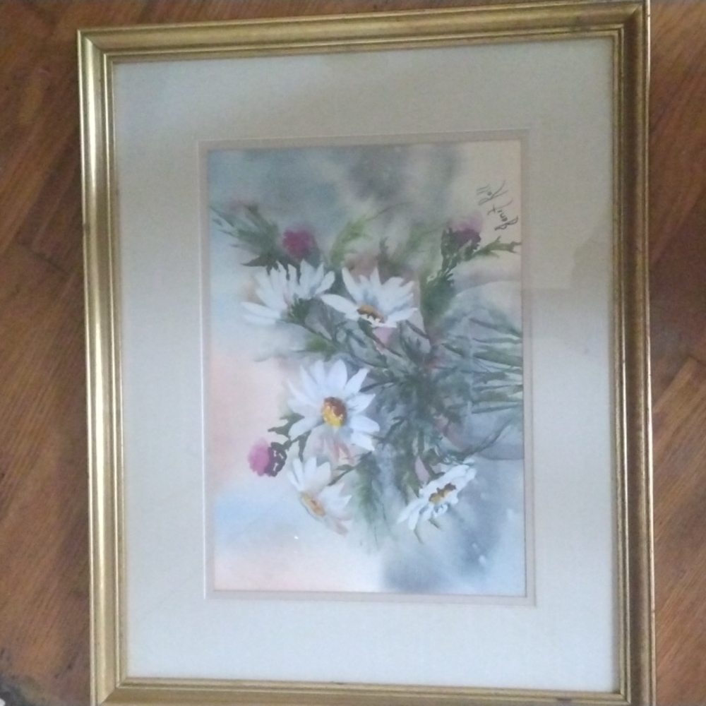 Floral watercolor signed by Artist Janet Roll professionally framed Vintage